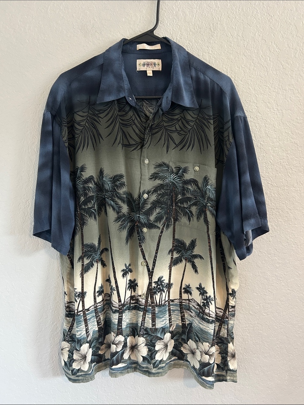 Men's Casual Palm-Print Button-Down Shirt - Blue/Green